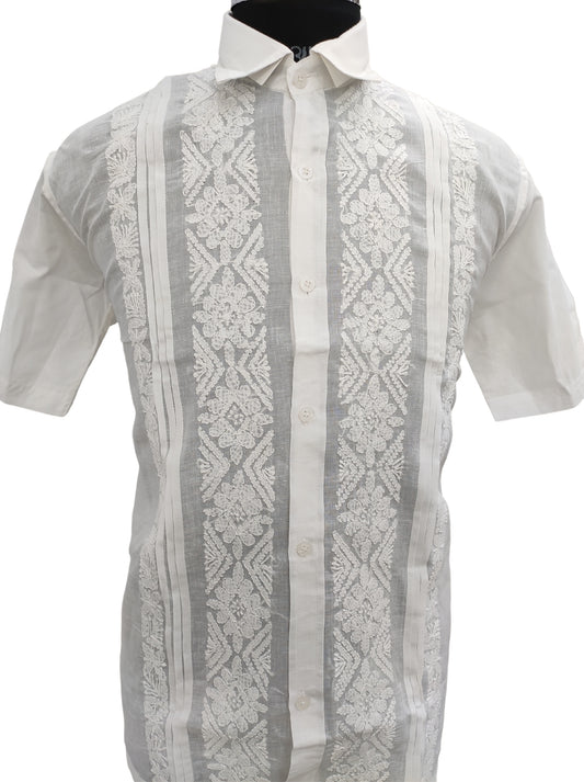 Shyamal Chikan Hand Embroidered White Cotton Lucknowi Chikankari Men's Shirt With Pintex Work – S12485
