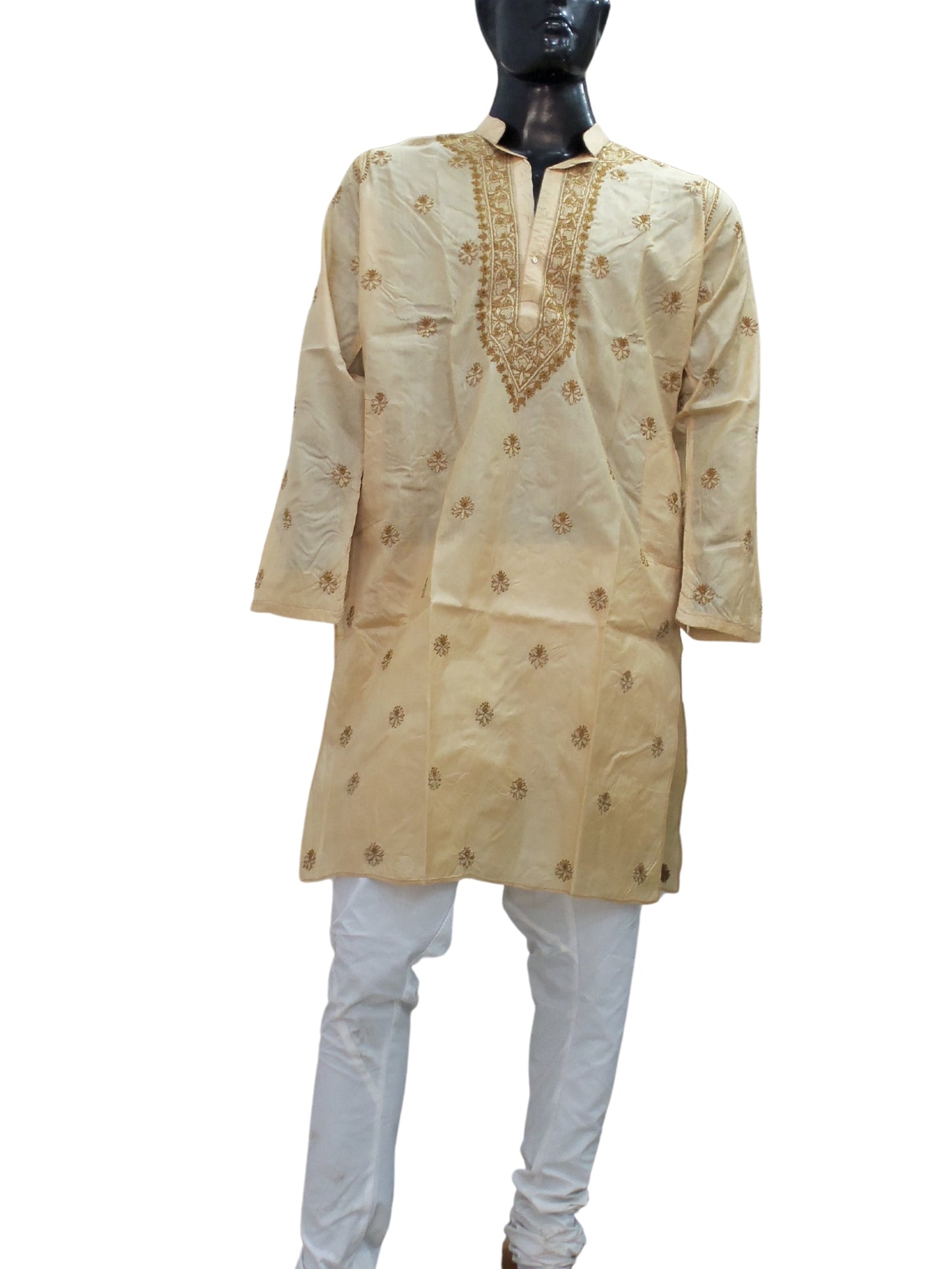 Shyamal Chikan Hand Embroidered Beige Pure Tusser Silk Lucknowi Chikankari Men's Kurta – S1350