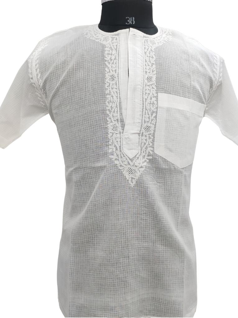 Shyamal Chikan Hand Embroidered White Cotton Lucknowi Chikankari Men's Short Kurta – S1356