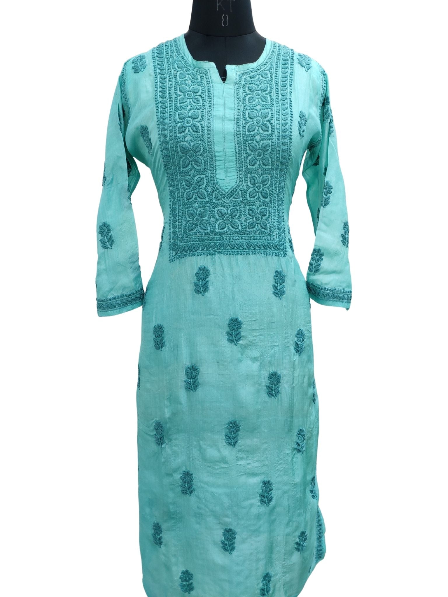 Copy of Shyamal Chikan Hand Embroidered Sea Green Pure Tusser Silk Lucknowi Chikankari Kurti- S18787