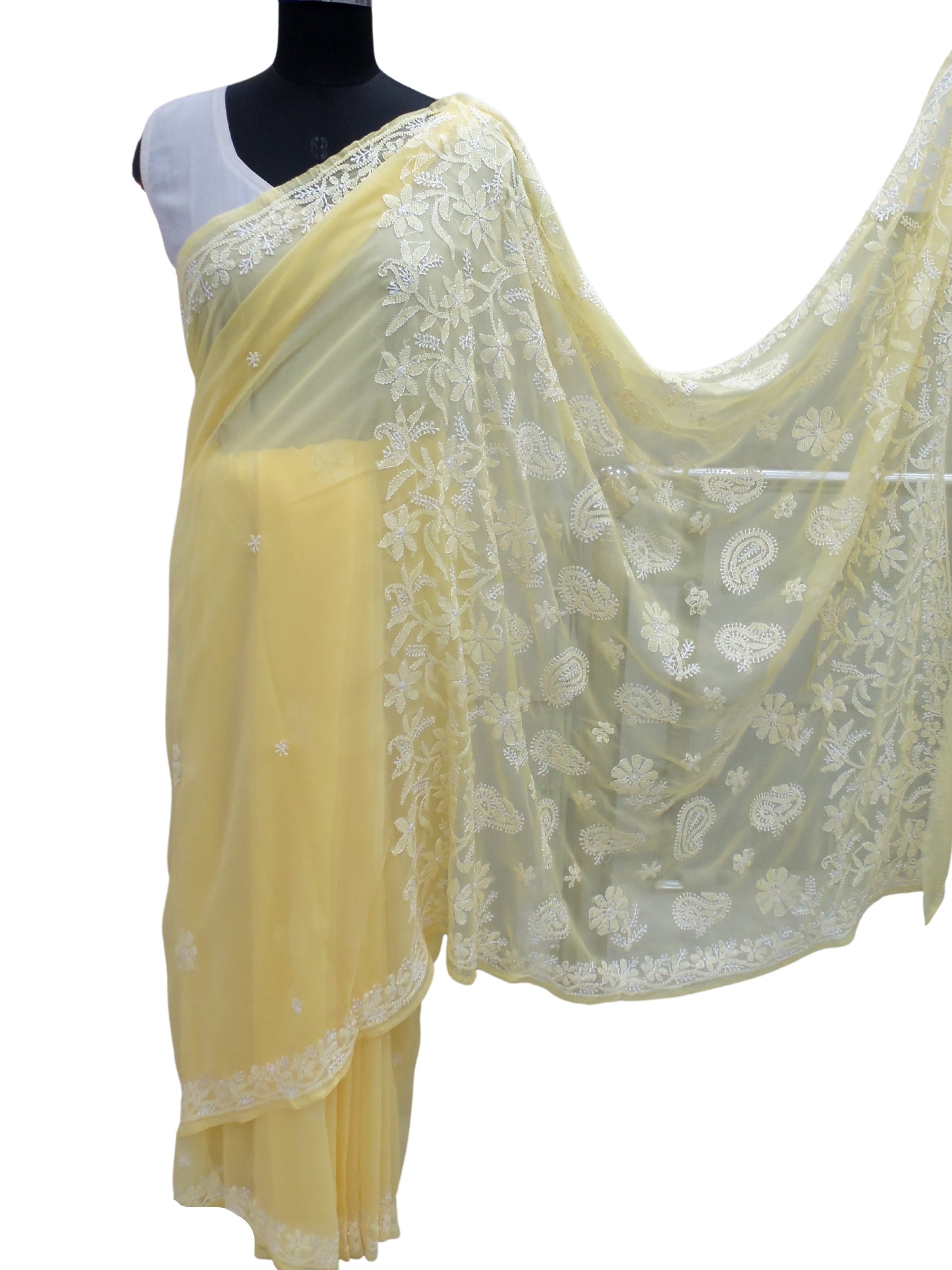 Shyamal Chikan Hand Embroidered Lemon Yellow Georgette Lucknowi Chikankari Saree With Blouse Piece - S4211