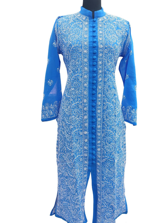  Shyamal Chikan Hand Embroidered Blue Georgette Lucknowi Chikankari Kurti - S9796