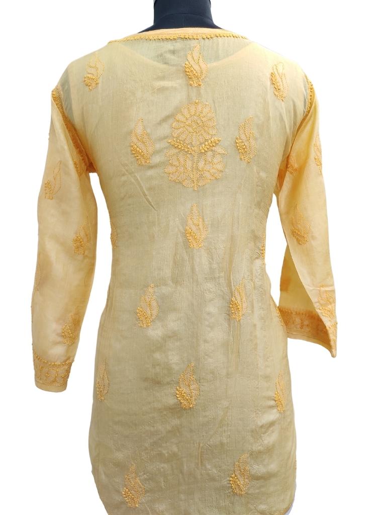 Shyamal Chikan Hand Embroidered Yellow Pure Tusser Silk Lucknowi Chikankari Short Top - S15332