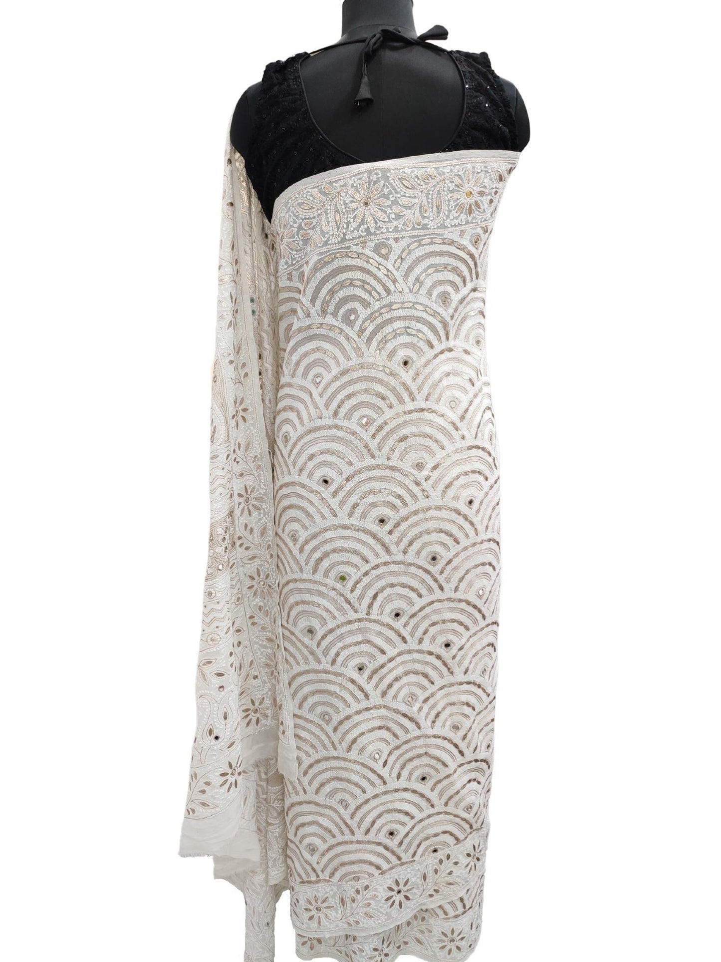 Shyamal Chikan Hand Embroidered White Pure Georgette Lucknowi Chikankari Saree With Blouse Piece, Gotta Patti and Mirror Work - S13585