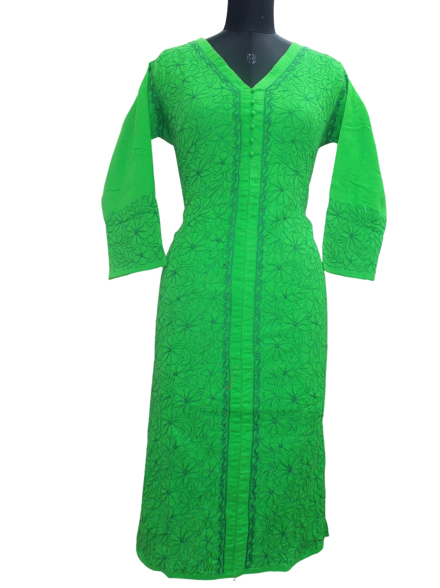 Shyamal Chikan Hand Embroidered Green Cotton Lucknowi Chikankari Kurti- S1800