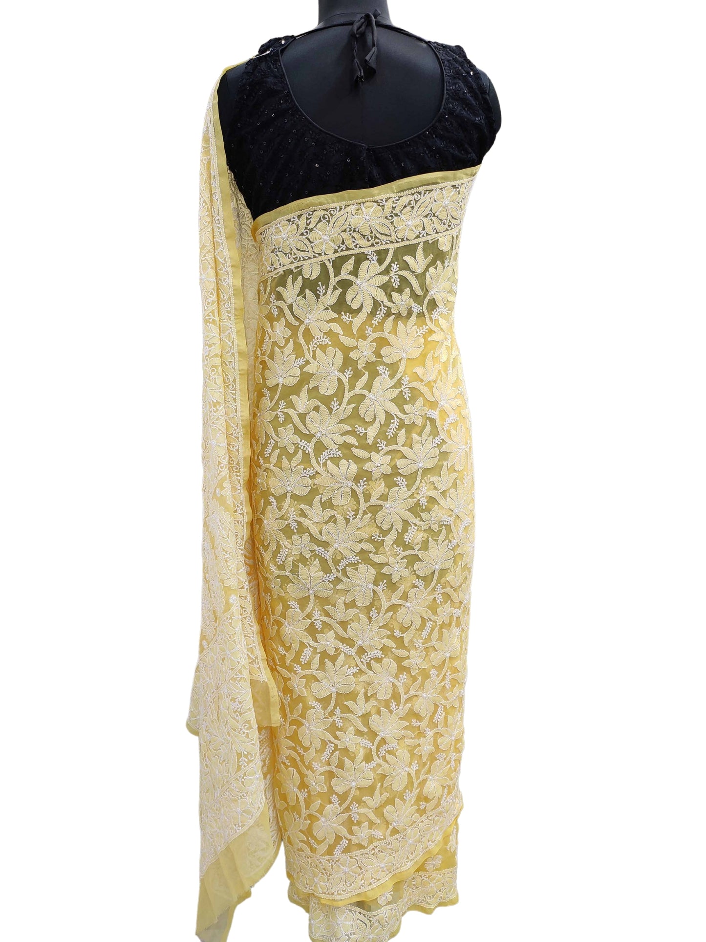 Shyamal Chikan Hand Embroidered Yellow Georgette Lucknowi Chikankari Full Jaal Saree With Blouse Piece - S11688
