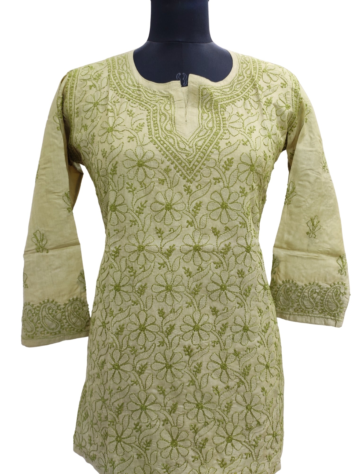 hyamal Chikan Hand Embroidered Green Pure Tusser Silk Lucknowi Chikankari Short Top- S507