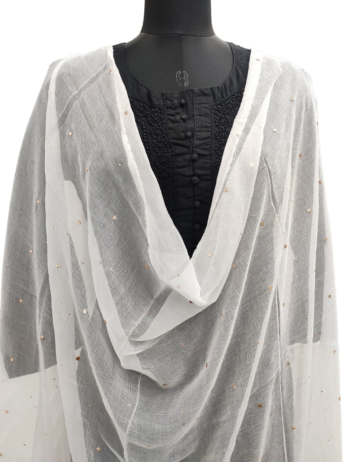 Shyamal Chikan Hand Embroidered White Pure Chiffon Lucknowi Dupatta with Mukaish Work - S12684