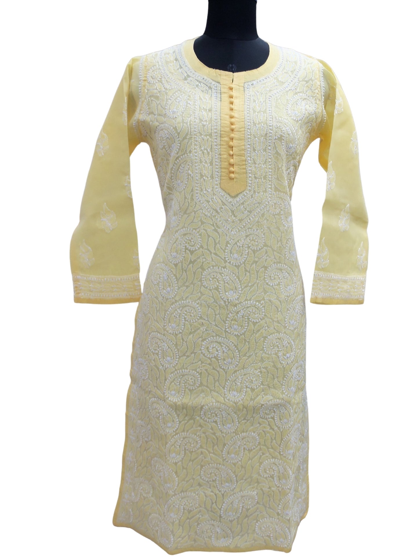Shyamal Chikan Hand Embroidered Yellow Cotton Lucknowi Chikankari Kurti- S5032