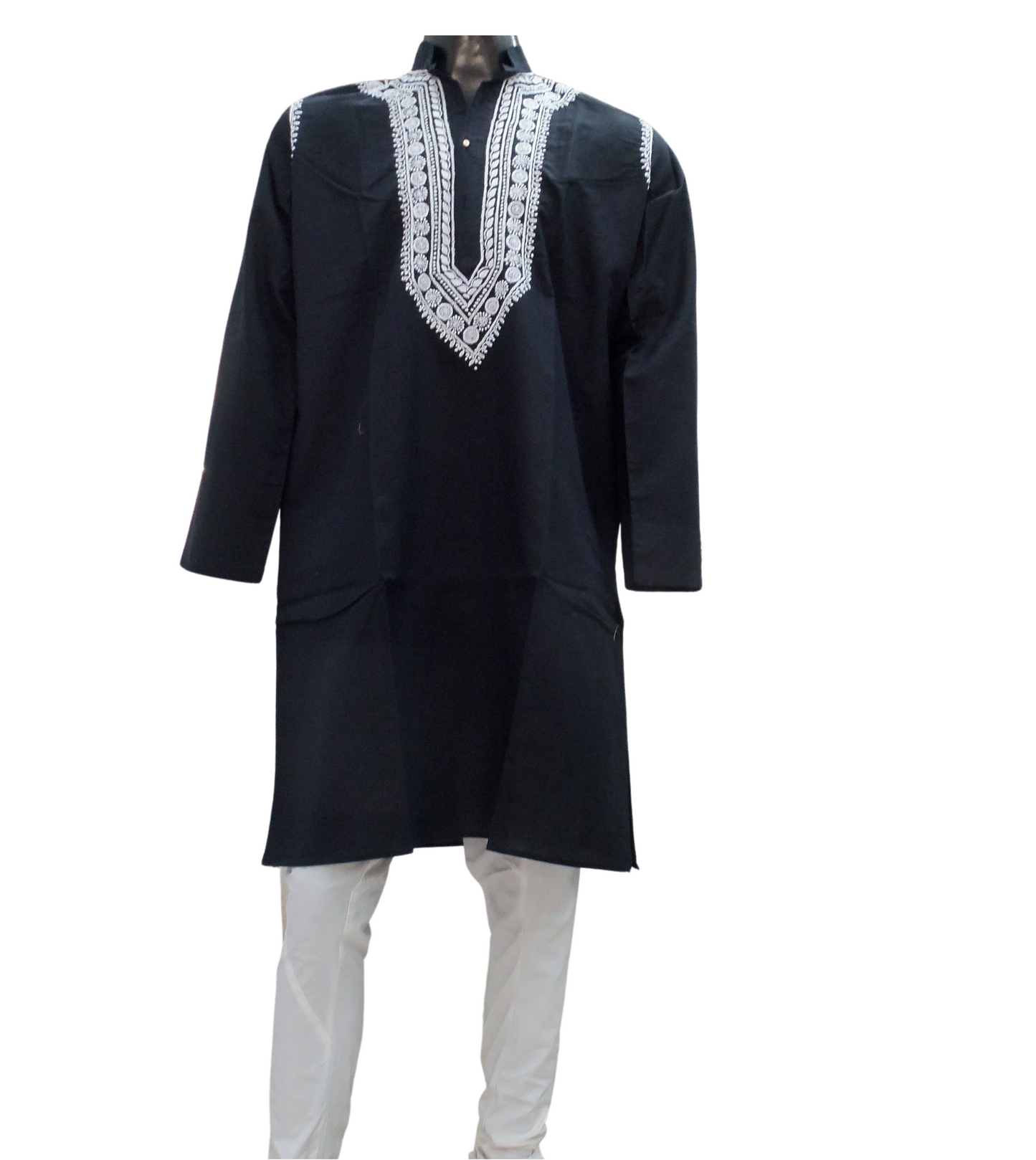 Shyamal Chikan Embroidered Black Lenin Cotton Lucknowi Chikankari Men's Kurta – S1646