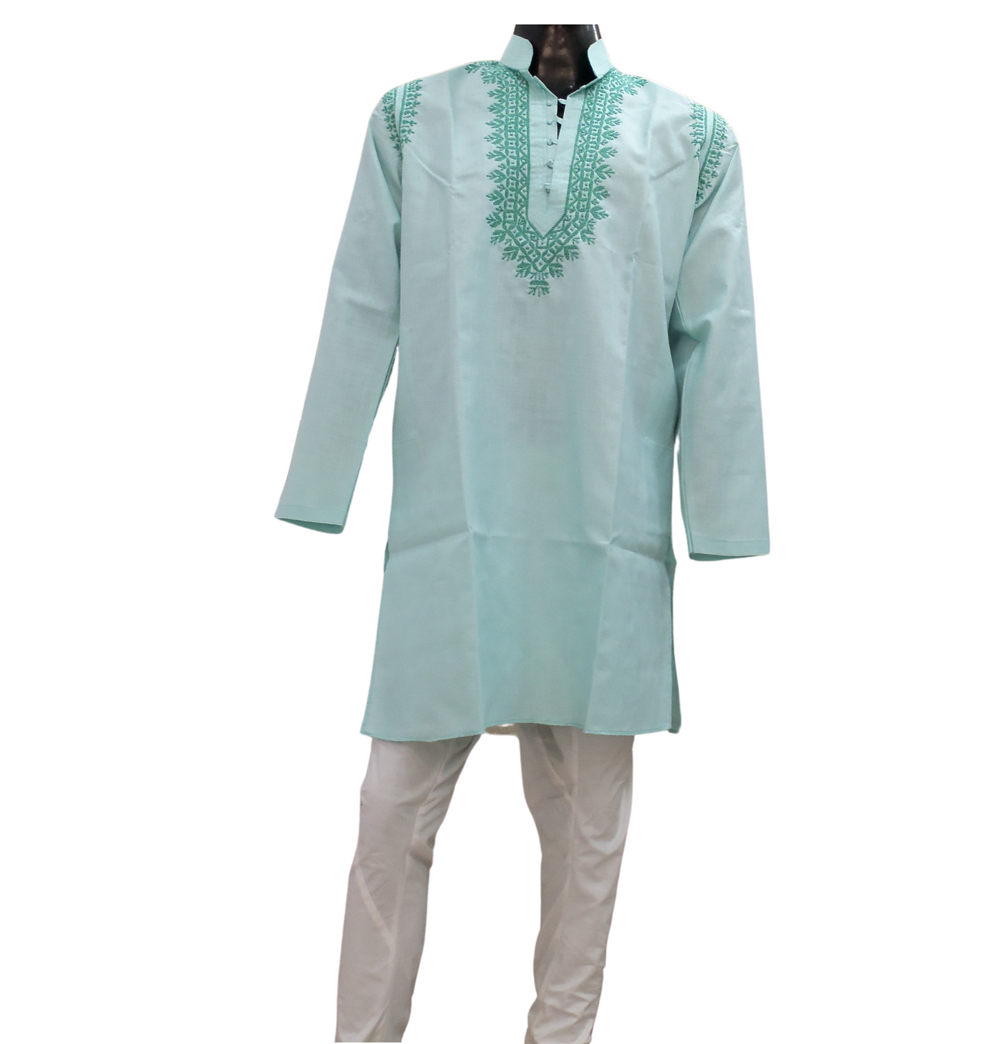 Shyamal Chikan Hand Embroidered Green Cotton Lucknowi Chikankari Men's Kurta – S1366