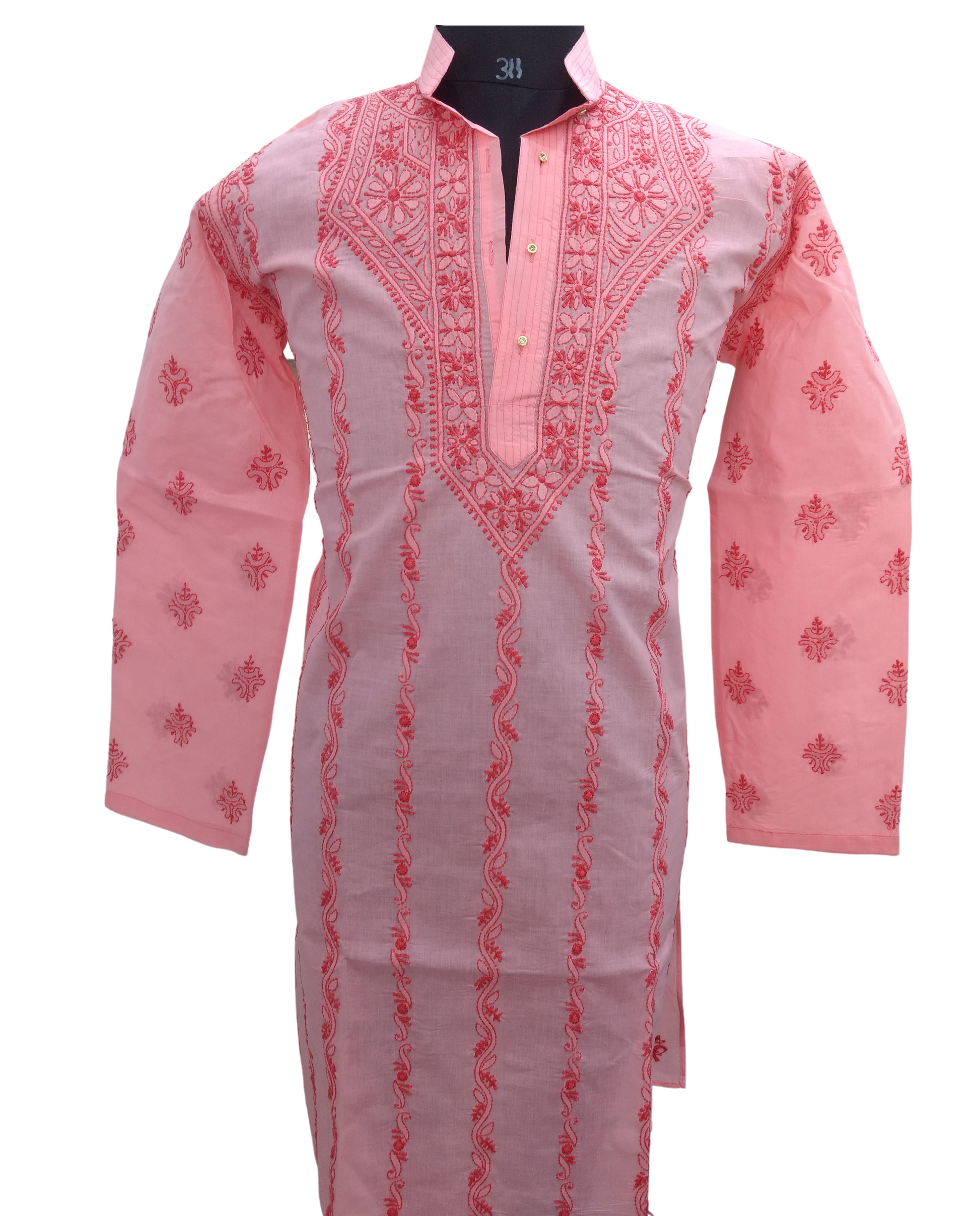 Shyamal Chikan Embroidered Peach Cotton Lucknowi Chikankari Men's  Kurta – S6893