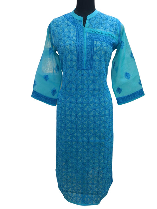 Shyamal Chikan Hand Embroidered Blue Kota Cotton Lucknowi Angrakha Pattern Chikankari Kurti- S6492