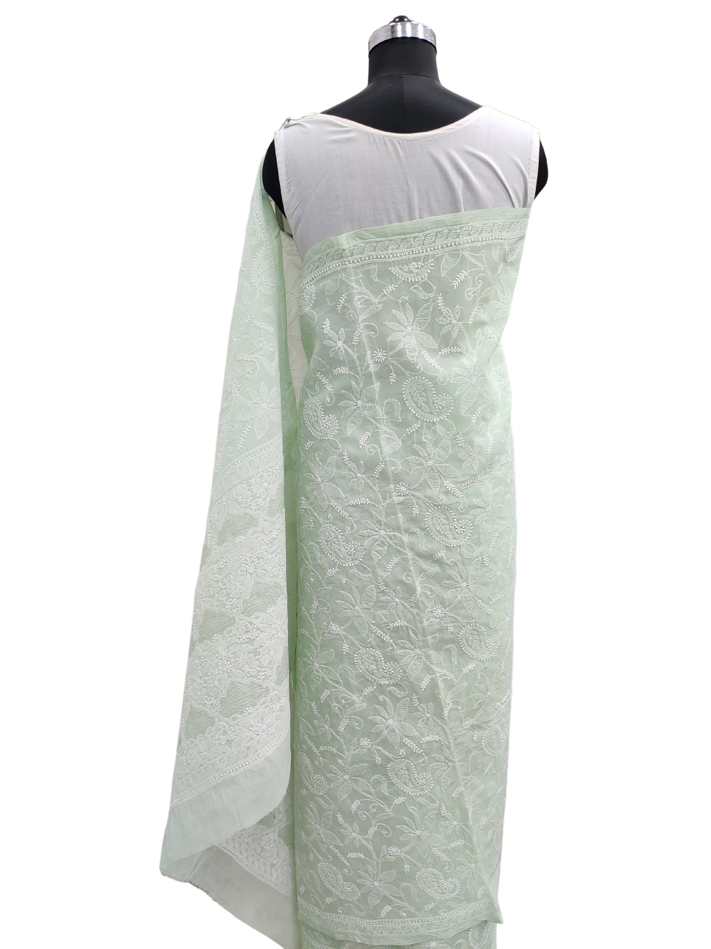 Shyamal Chikan Hand Embroidered Light Green Cotton Lucknowi Chikankari Full Jaal Saree With Blouse Piece- S10068