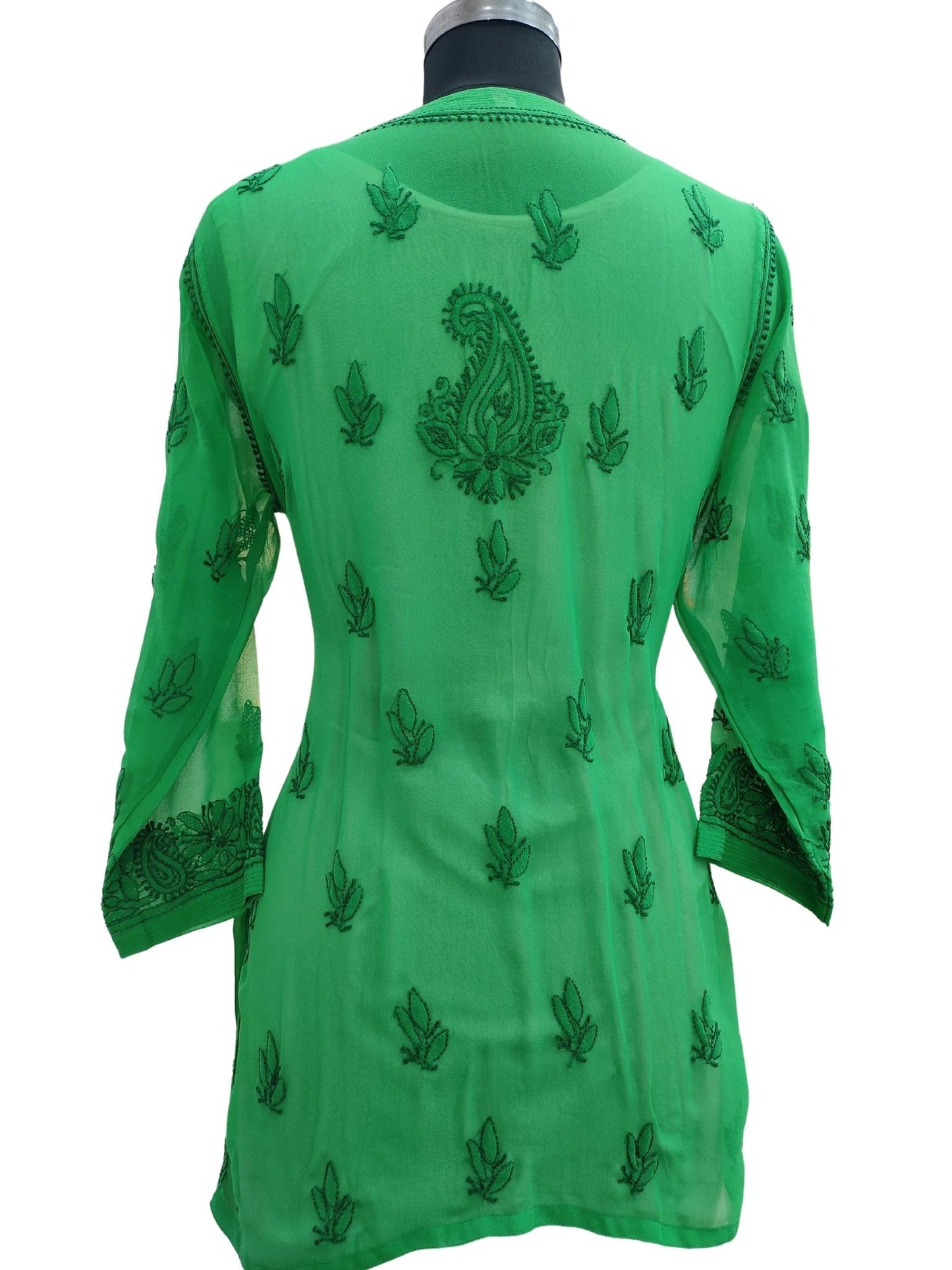 Shyamal Chikan Hand Embroidered Green Georgette Lucknowi Chikankari Short Top- S15686