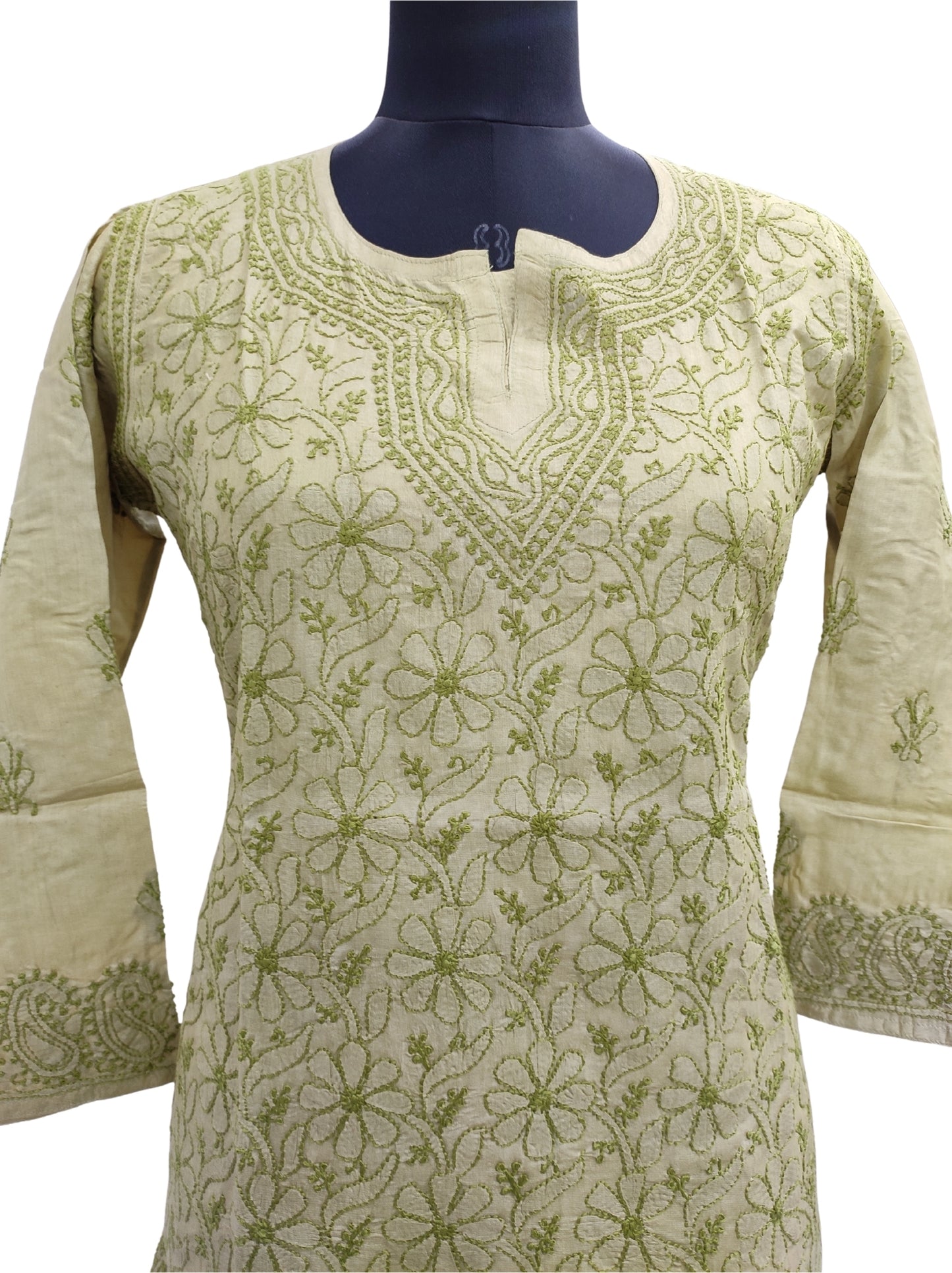 Shyamal Chikan Hand Embroidered Green Pure Tusser Silk Lucknowi Chikankari Short Top- S507