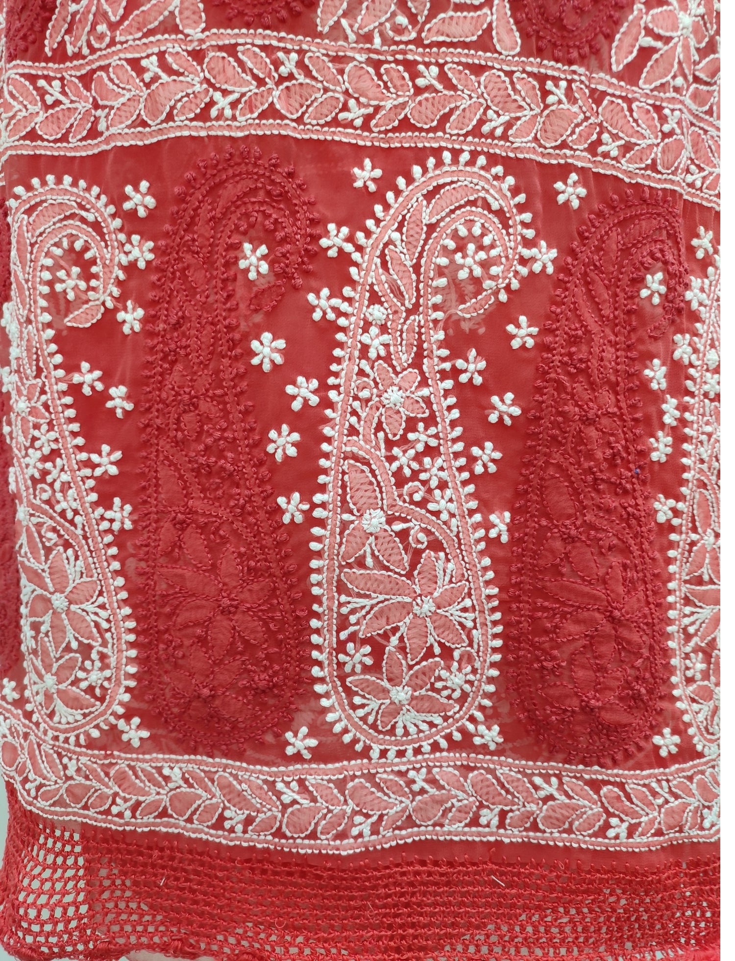 Shyamal Chikan Hand Embroidered Red Georgette Lucknowi Chikankari Unstitched Suit Piece With Crosia Work - S10741 - Shyamal Chikan