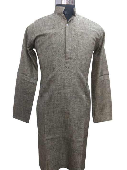 Shyamal Chikan Hand Embroidered Grey Cotton Lucknowi Chikankari Men's Kurta – S6796