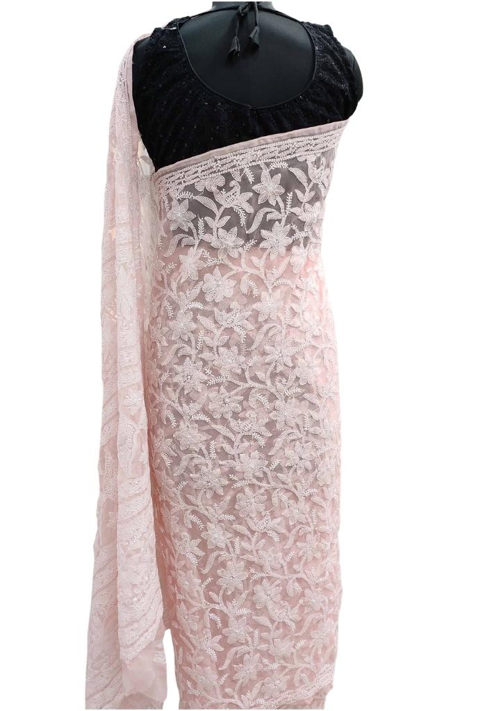 Shyamal Chikan Hand Embroidered Peach Georgette Lucknowi Chikankari Full Jaal Saree With Blouse Piece - S11689
