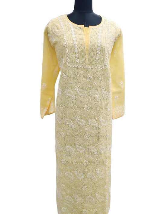 Shyamal Chikan Hand Embroidered Yellow Cotton Lucknowi Chikankari Kurti- S12189