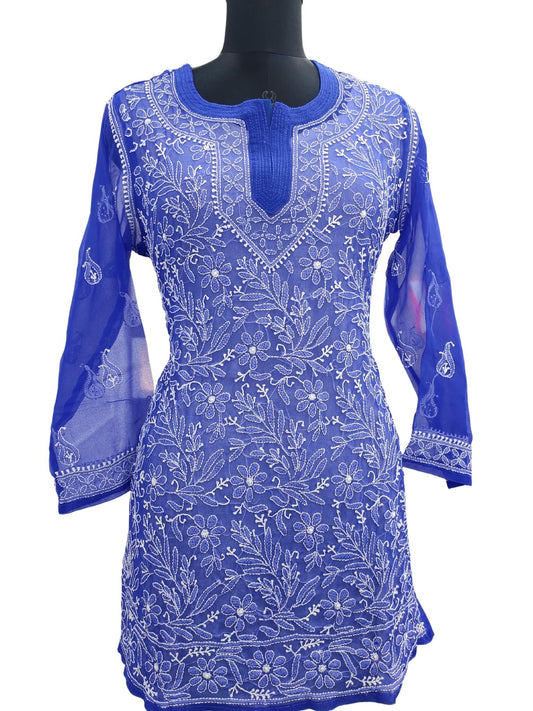 Shyamal Chikan Hand Embroidered Blue Georgette Lucknowi Chikankari Short Top- S15700 