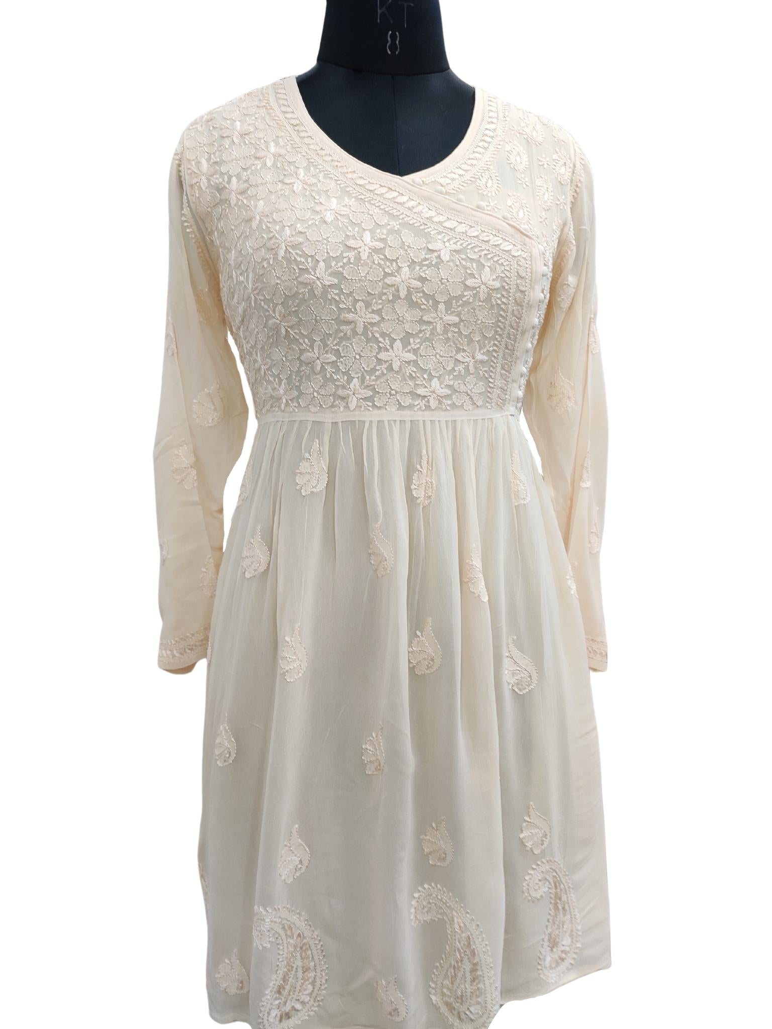 Shyamal Chikan Hand Embroidered Fawn Viscose Georgette Lucknowi Chikankari Angrakh Short Top - S17813