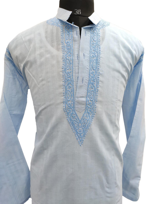 Shyamal Chikan Hand Embroidered Blue Cotton Lucknowi Chikankari Men's Kurta – S17302
