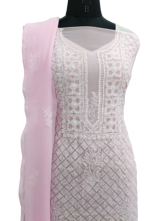 Shyamal Chikan Hand Embroidered Baby Pink Georgette Lucknowi Chikankari Unstitched Suit Piece - S18712