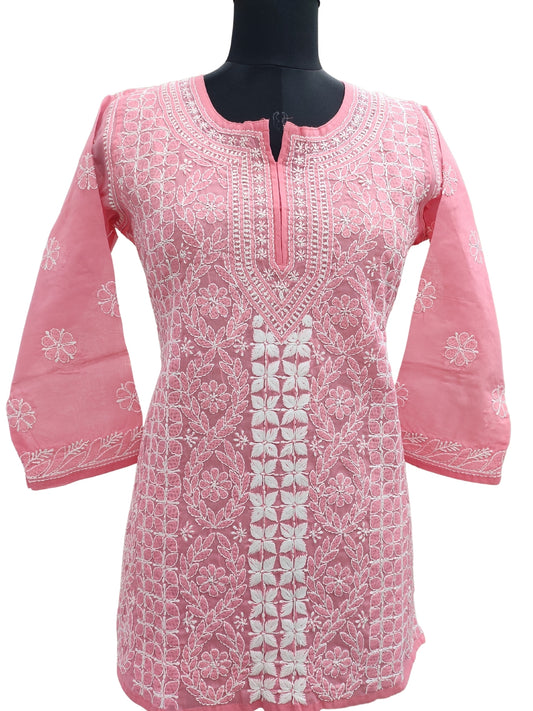 Shyamal Chikan Hand Embroidered Pink Cotton All-Over Lucknowi Chikankari Short Top - S16479