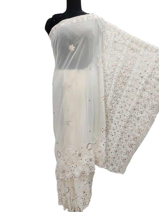 Shyamal Chikan Hand Embroidered Fawn Georgette Lucknowi Chikankari Skirt Saree With Blouse Piece and Gotta Patti Work - S16715