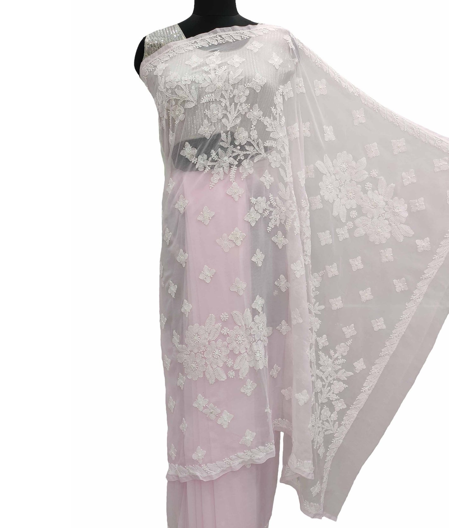 hyamal Chikan Hand Embroidered Pink Georgette Lucknowi Chikankari Saree With Blouse Piece - S11319