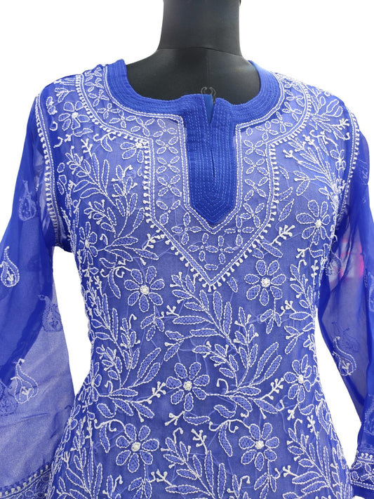 Shyamal Chikan Hand Embroidered Blue Georgette Lucknowi Chikankari Short Top- S15700