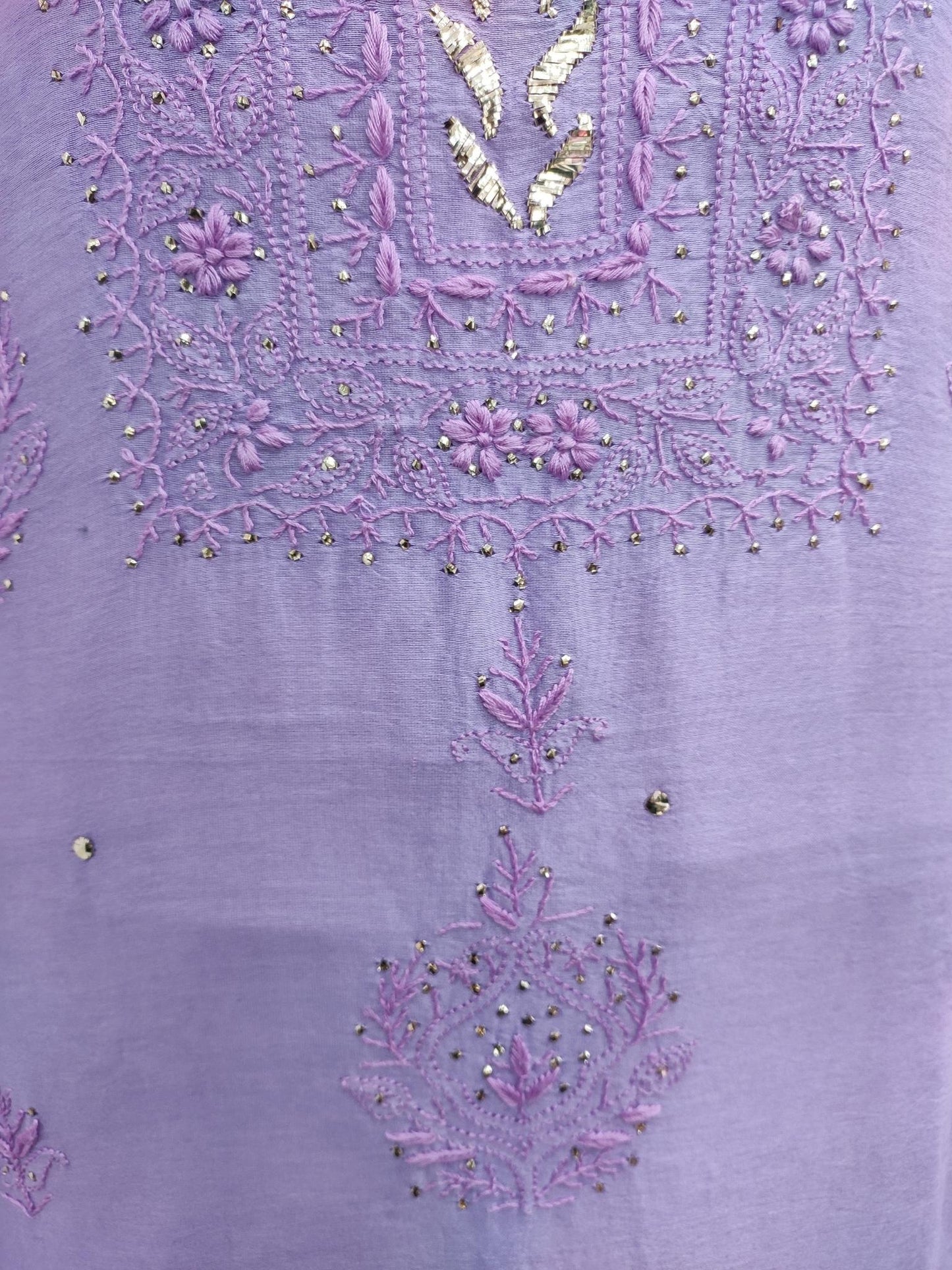 Shyamal Chikan Hand Embroidered Purple Chanderi Silk Lucknowi Chikankari Unstitched Suit Piece With Mukaish Work ( Kurta Dupatta Set) - S16781