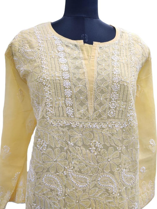 Shyamal Chikan Hand Embroidered Yellow Cotton Lucknowi Chikankari Kurti- S12189