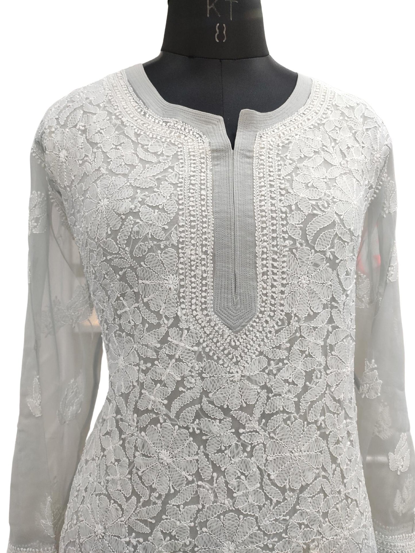 Shyamal Chikan Hand Embroidered Grey Georgette All-Over Lucknowi Chikankari Short Top - S17130