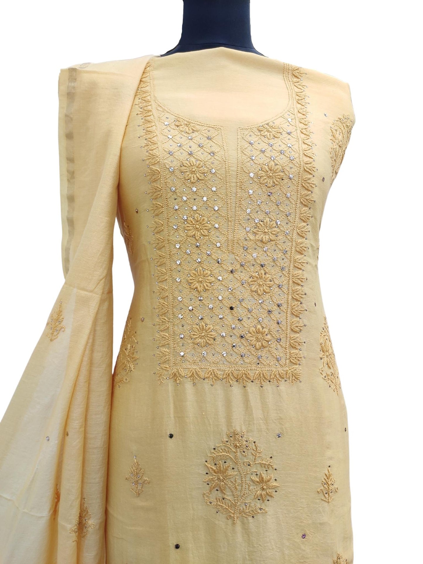 Shyamal Chikan Hand Embroidered Yellow Chanderi Silk Lucknowi Chikankari Unstitched Suit Piece With Pearl Work ( Kurta Dupatta Set )  - S16581