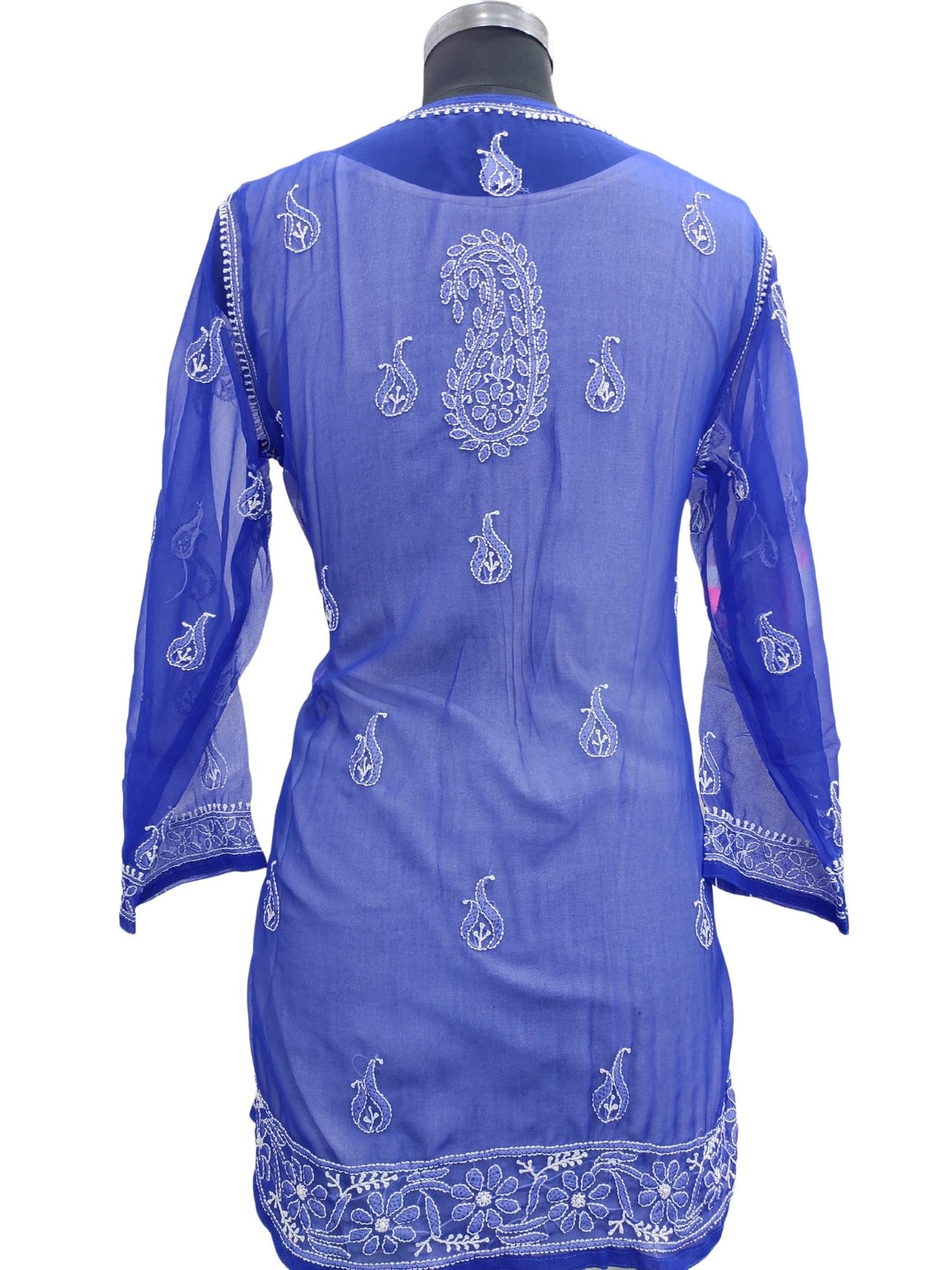 Shyamal Chikan Hand Embroidered Blue Georgette Lucknowi Chikankari Short Top- S15700