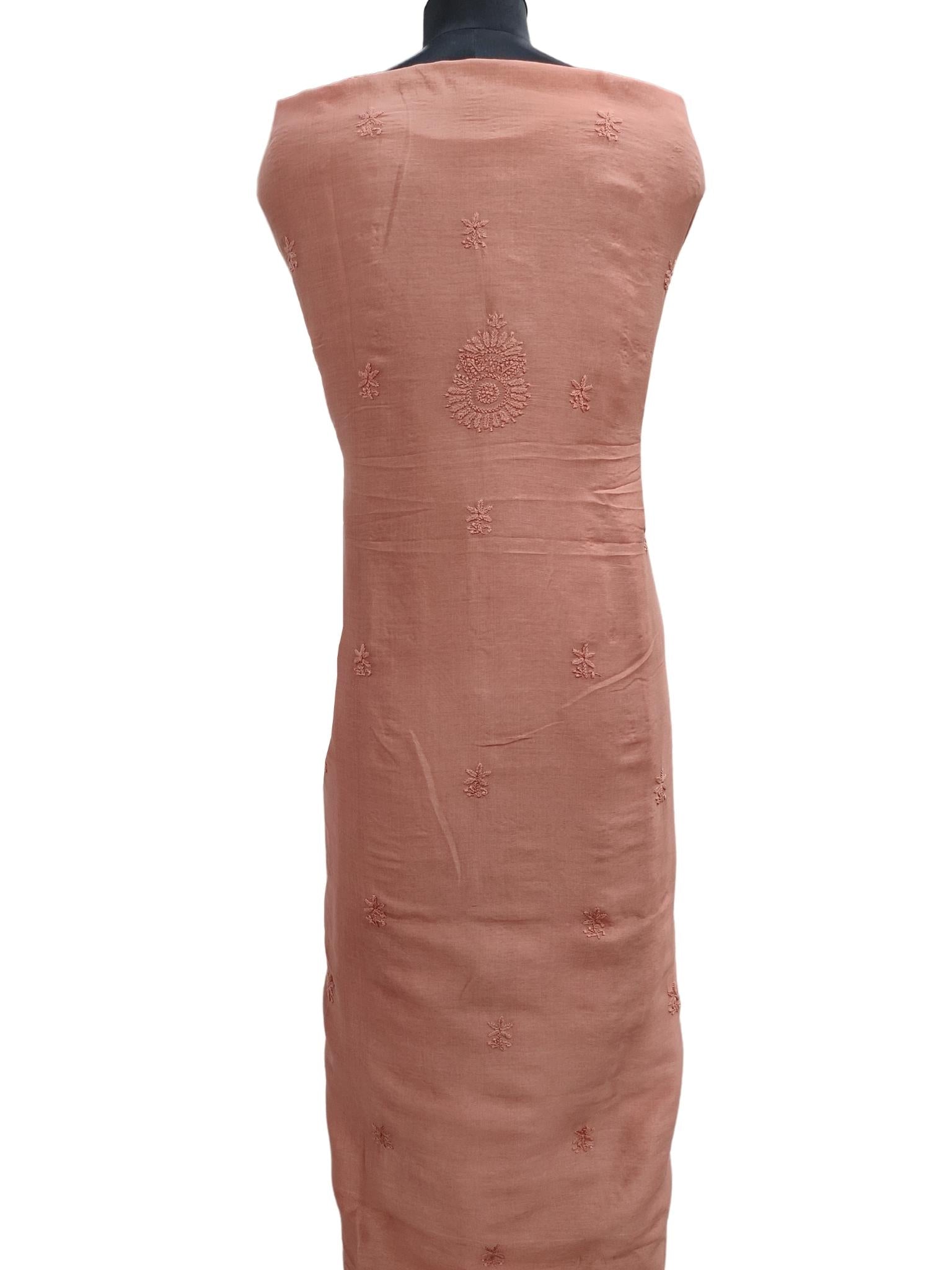 Shyamal Chikan Hand Embroidered Copper Chanderi Silk Lucknowi Chikankari Unstitched Kurta Piece - S12068 - Shyamal Chikan