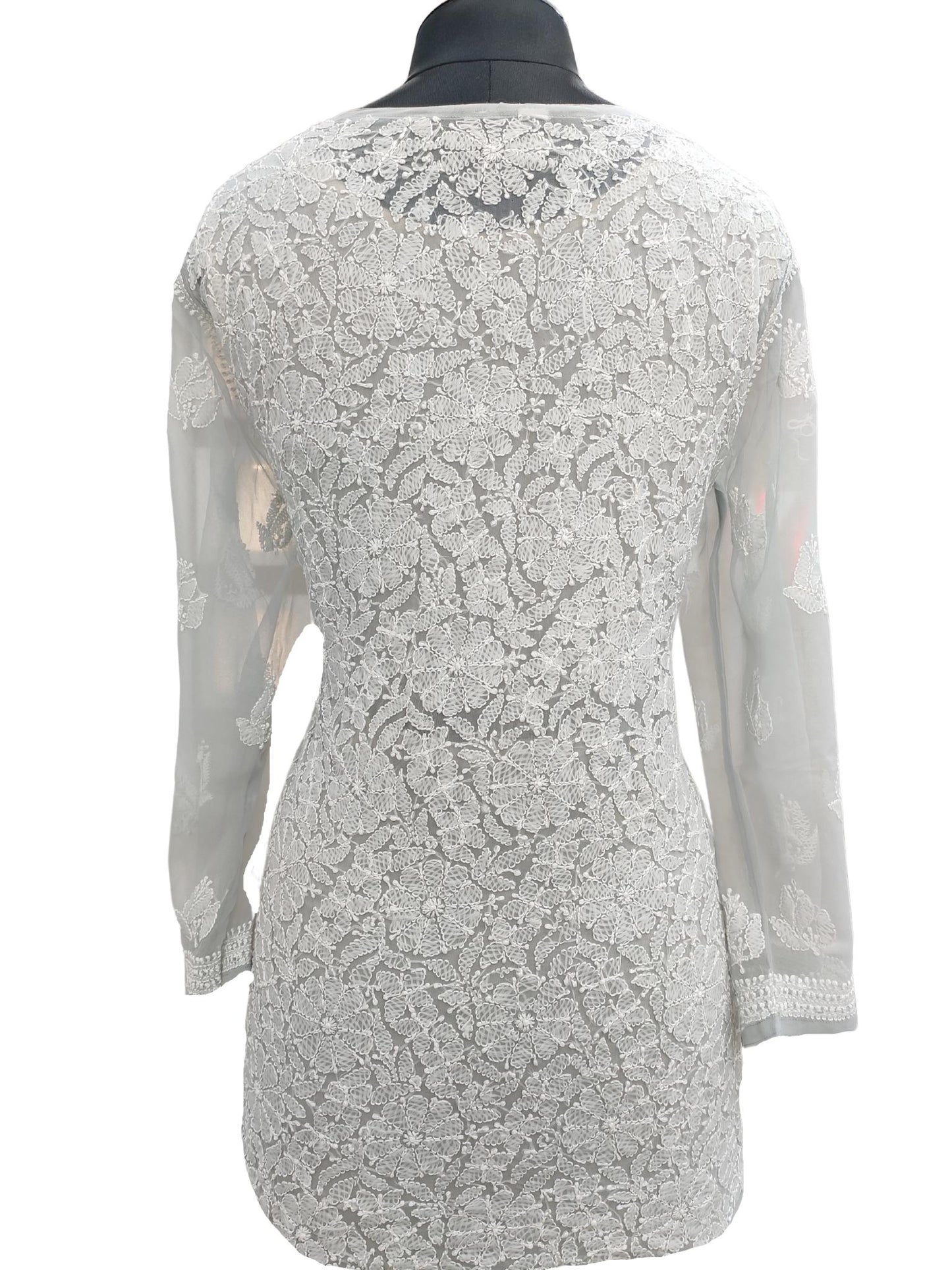 Shyamal Chikan Hand Embroidered Grey Georgette All-Over Lucknowi Chikankari Short Top - S17130