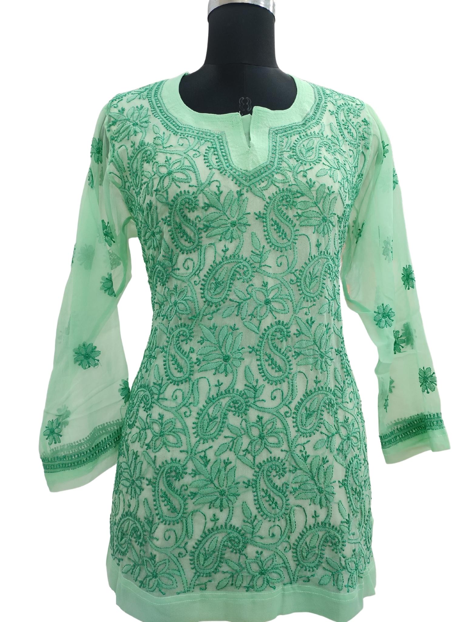 Shyamal Chikan Hand Embroidered Green Georgette Lucknowi Chikankari Short Top- S15699 