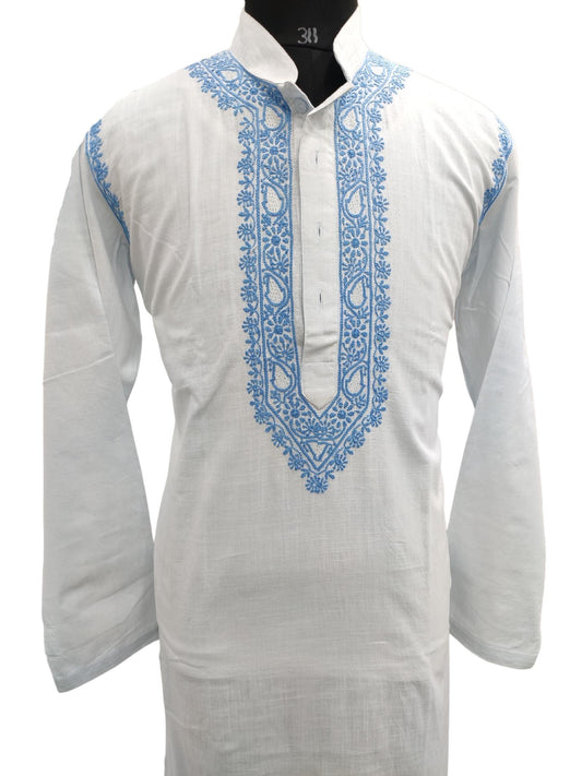 Shyamal Chikan Hand Embroidered Blue Cotton Lucknowi Chikankari Men's Kurta – S17409