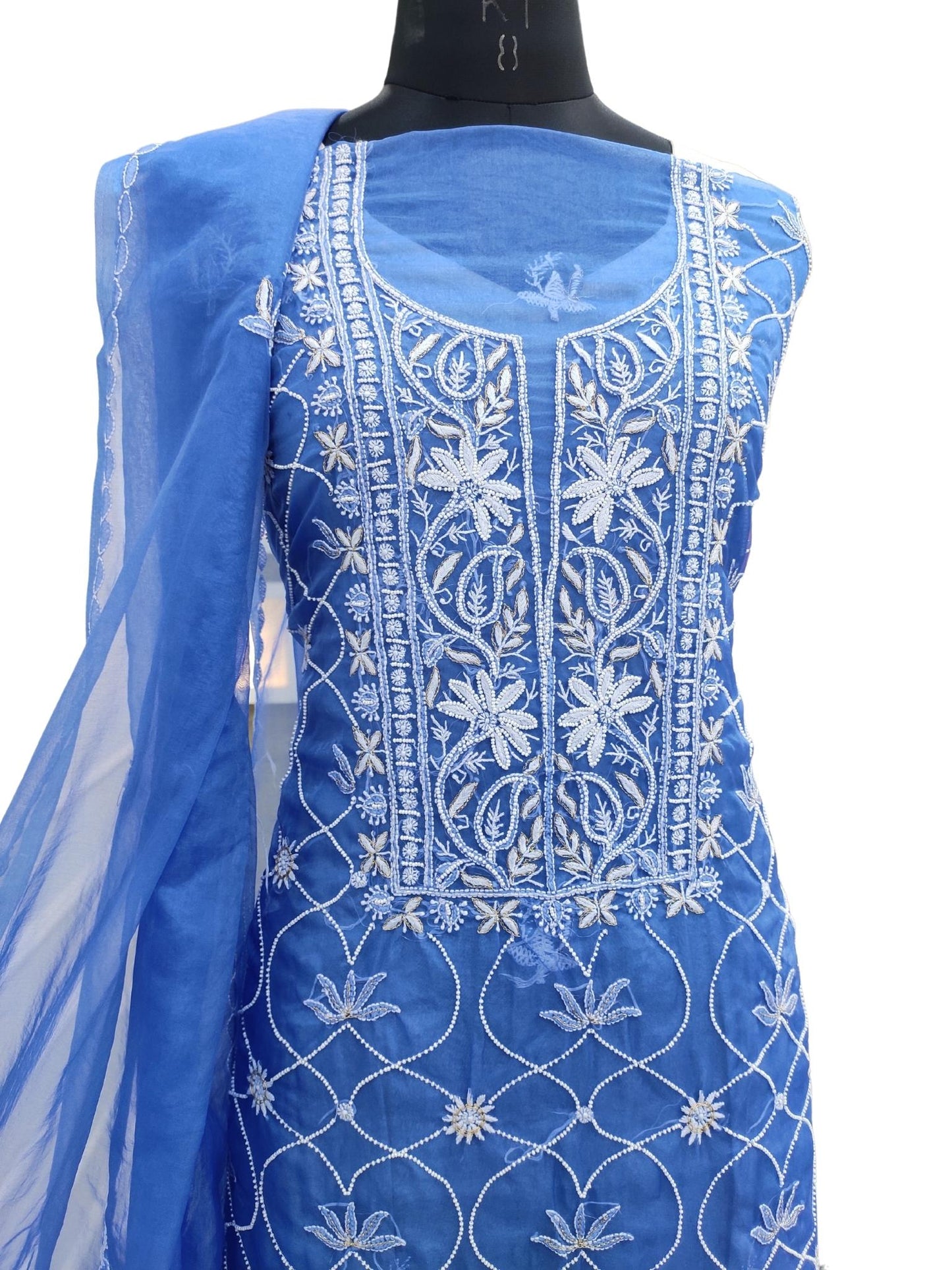 Shyamal Chikan Hand Embroidered Blue Organza Lucknowi Chikankari Unstitched Suit Piece ( Kurta Dupatta Set ) With Pearl Work - S17164