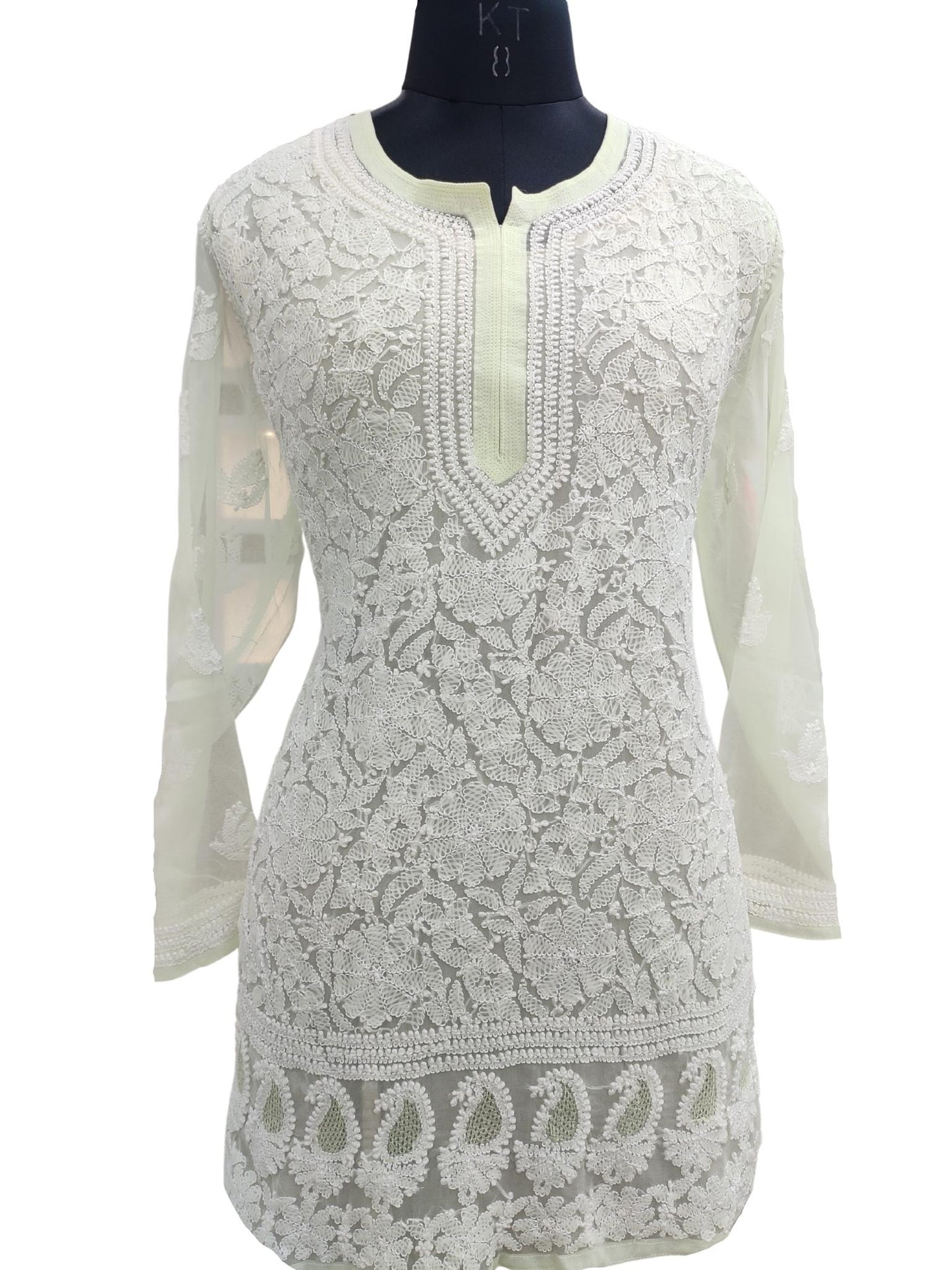 Shyamal Chikan Hand Embroidered Green Georgette All-Over Lucknowi Chikankari Short Top - S17129