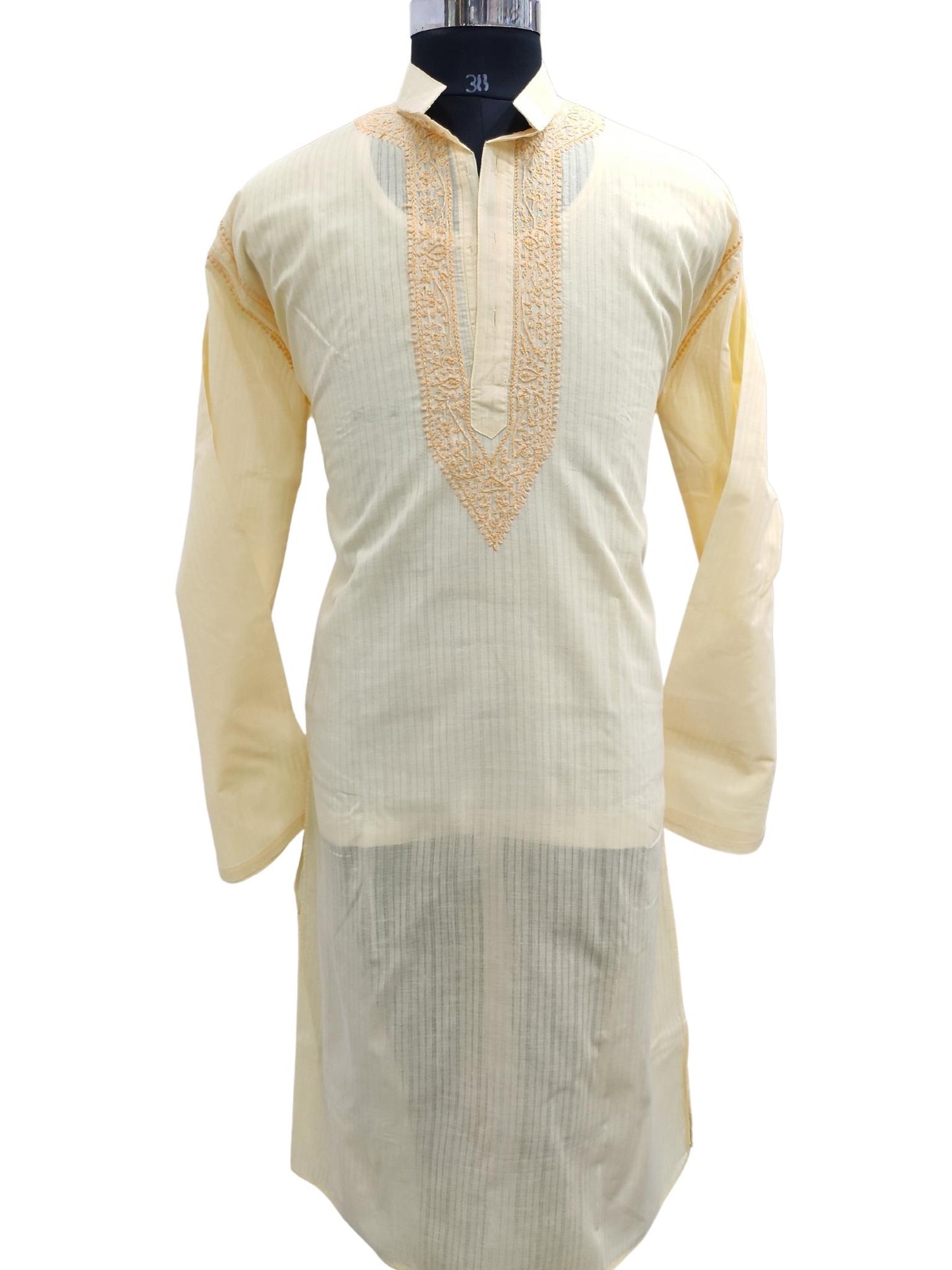 Shyamal Chikan Hand Embroidered Yellow Cotton Lucknowi Chikankari Men's Kurta – S17304
