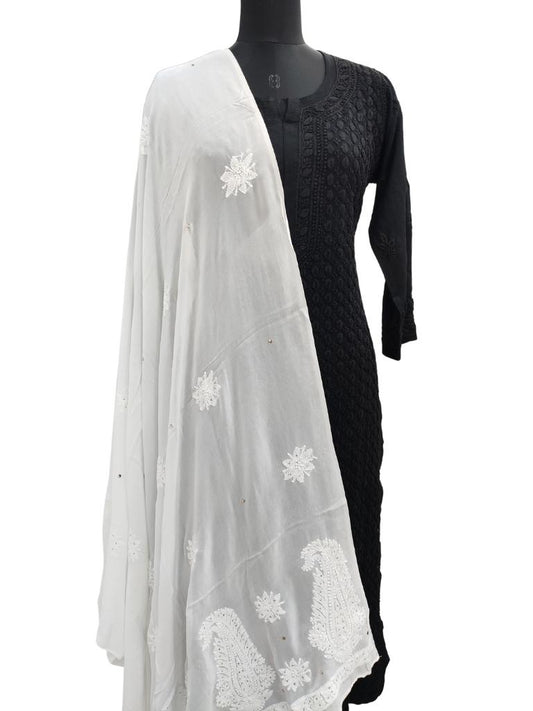 Shyamal Chikan Hand Embroidered White Viscose Georgette Lucknowi Chikankari Dupatta With Mukaish Work - S15243