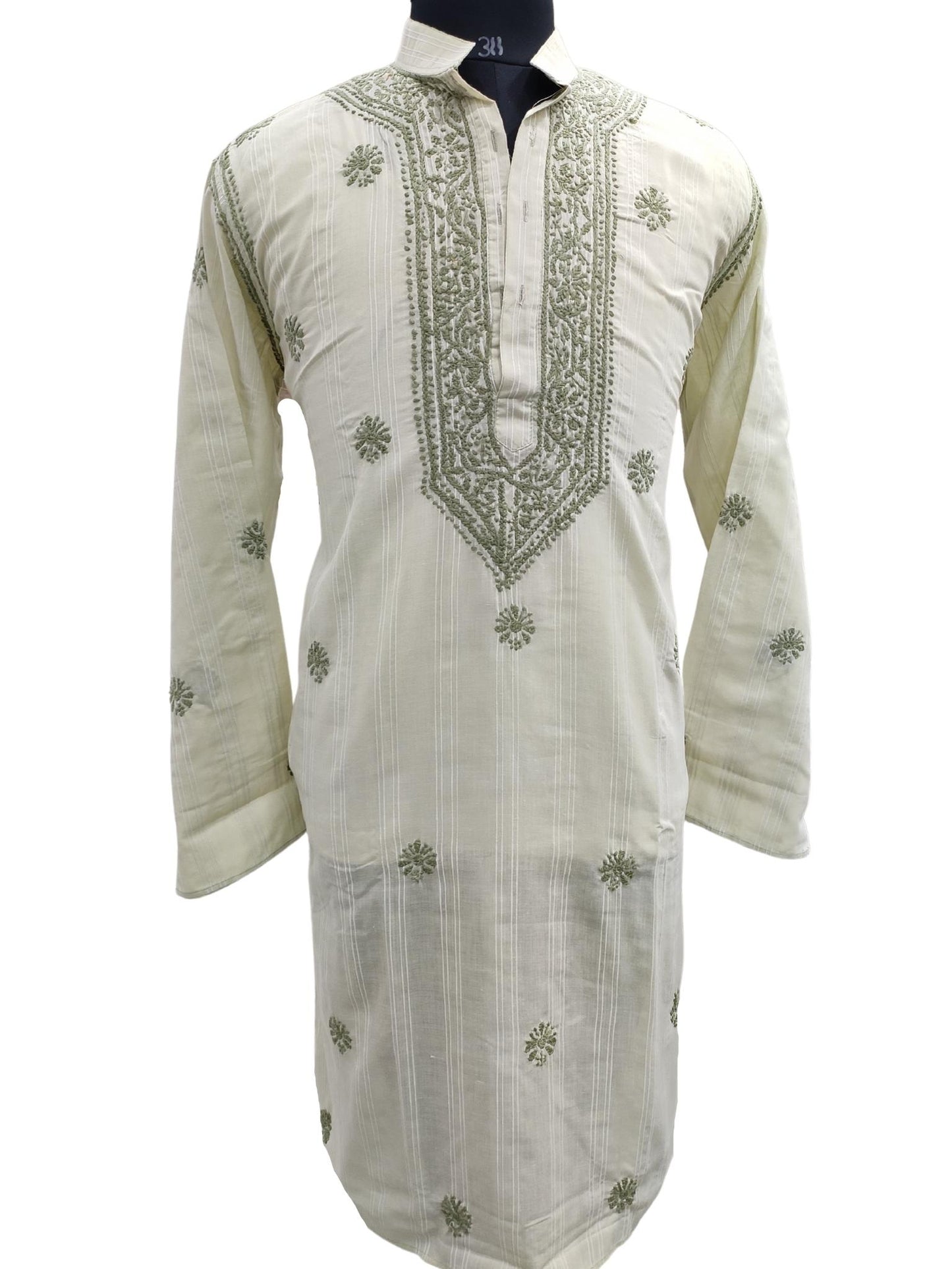 Shyamal Chikan Hand Embroidered Green Cotton Lucknowi Chikankari Men's Kurta – S17244