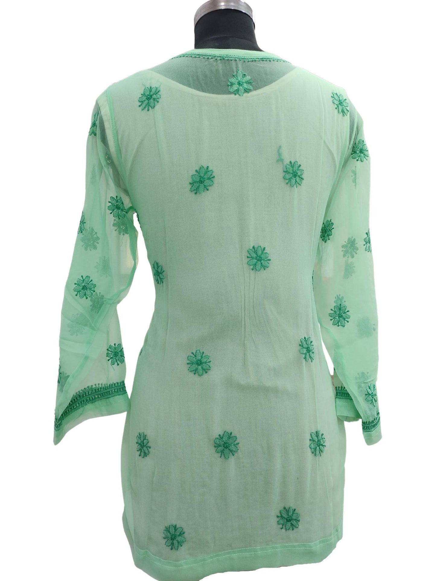 Shyamal Chikan Hand Embroidered Green Georgette Lucknowi Chikankari Short Top- S15699