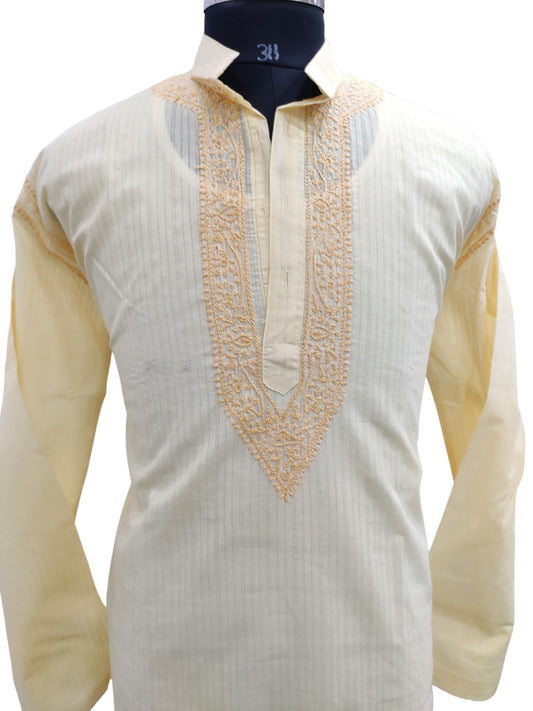 Shyamal Chikan Hand Embroidered Yellow Cotton Lucknowi Chikankari Men's Kurta – S17304