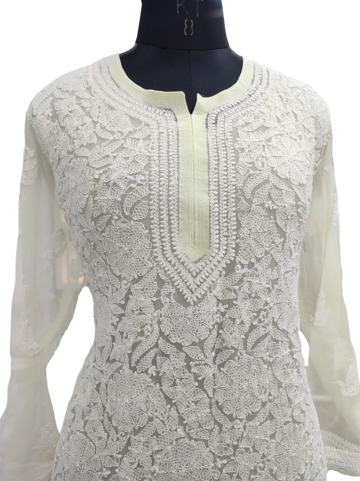 Shyamal Chikan Hand Embroidered Green Georgette All-Over Lucknowi Chikankari Short Top - S17129