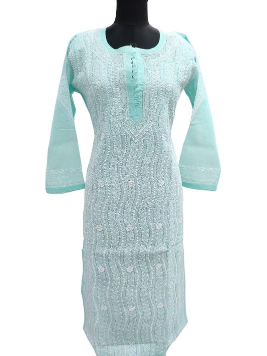 Shyamal Chikan Hand Embroidered Sea Green Cotton Lucknowi Chikankari Kurti- S14543